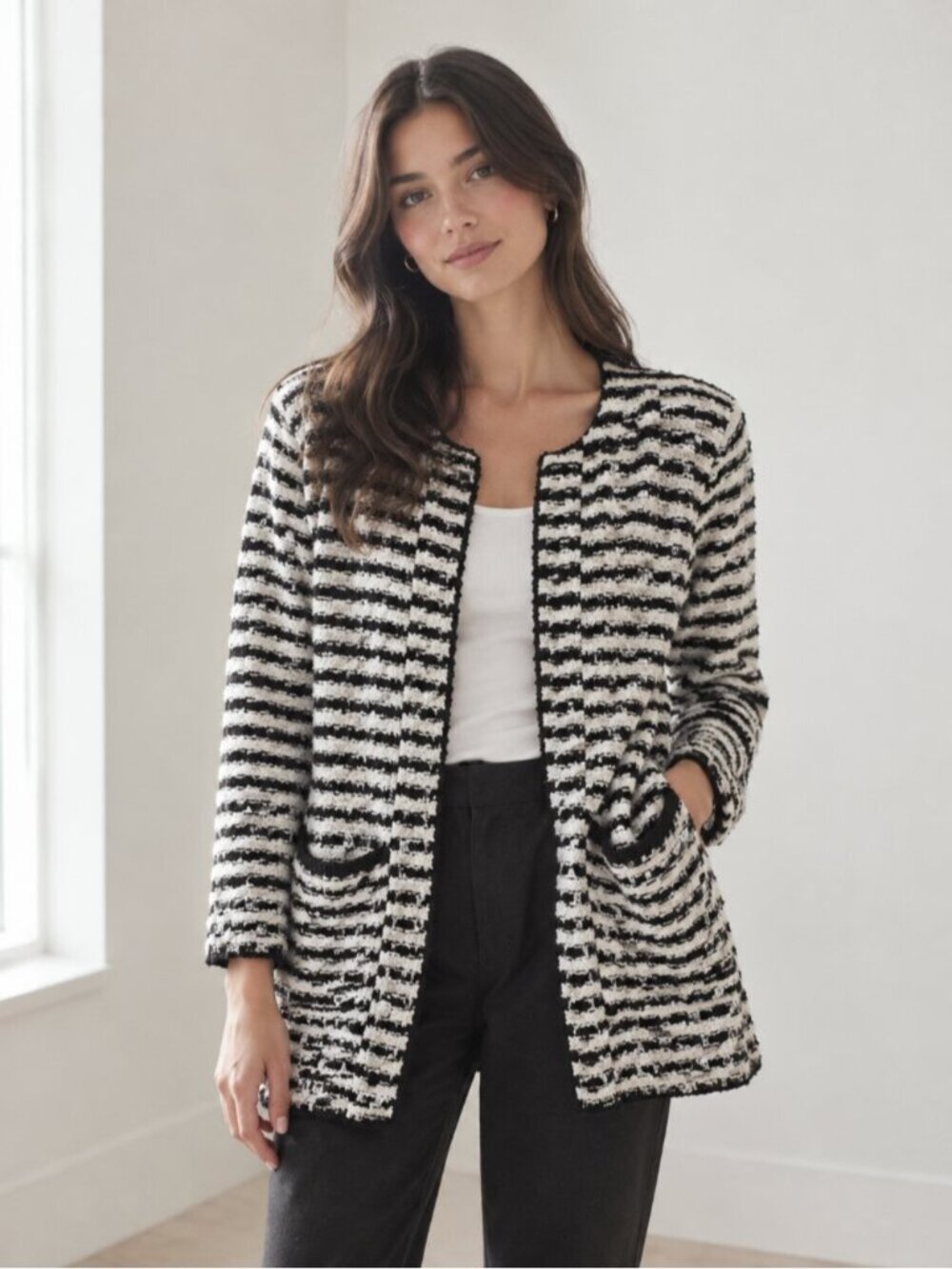 Striped Black & White Open-Front Sweater Cardigan Korean Style  0887